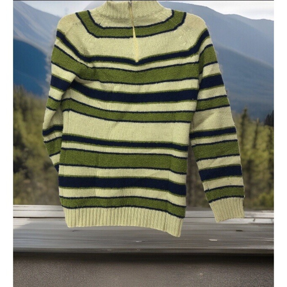 Vtg Full Fashioned Tarni Green Strip 90% Wool Sweater Mock Zip Neck Size M